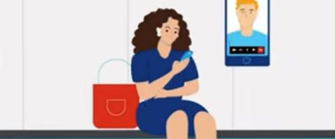 An illustration of a person sitting on a bench chatting on their phone through a Zoom video call