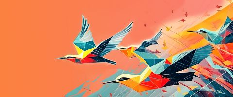 Geometric colorful birds fly past building